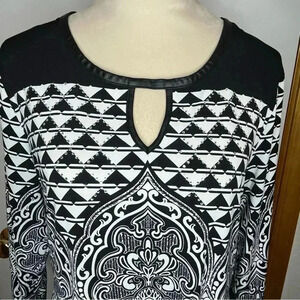JM Collection‎ 3/4 Sleeve Blouse Women Medium Black White Rhinestone Stretch